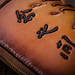 Handmade Leather Mens Clutch Wallet Cool Buddha&Demon Tooled Wallet Long Zipper Wallets for Men - imessengerbags