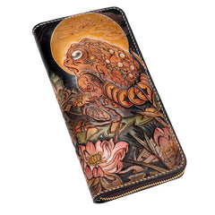 Handmade Leather Mens Clutch Wallet Cool Gold Toad Triped Crow Tooled Wallet Long Zipper Wallets for Men - imessengerbags