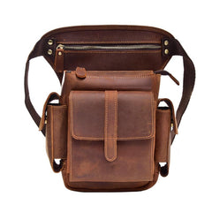 Cool Brown Leather Men's Drop Leg Bag Small Side Bag Belt Pouch Waist Bag For Men