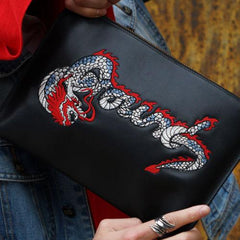 Handmade Leather Mens Chinese Dragon Clutch Cool Slim Wallet Zipper Clutch Wristlet Wallet for Men