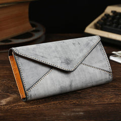 Handmade Leather Mens Gray Envelope Long Wallet Blue Long Wallet Clutch Bag For Men - imessengerbags
