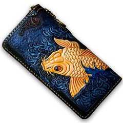 Handmade Leather Men Tooled Carp Cool Leather Wallet Long Phone Wallets for Men - imessengerbags