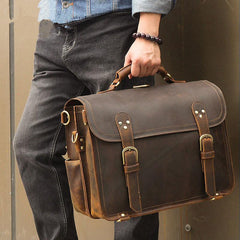 Cool Brown Leather Men's Large 16‘’ Briefcase Business Backpack Travel Handbag For Men