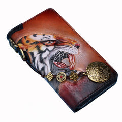 Handmade Leather Tooled Tiger Mens Chain Biker Wallet Cool Leather Wallet Long Clutch Wallets for Men