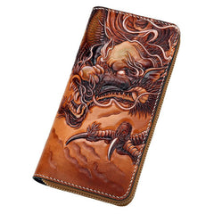 Handmade Leather Tooled Chinese Dragon Tiger Mens Chain Biker Wallet Cool Leather Wallet Zipper Long Phone Wallets for Men