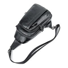 Badass Black Leather Backpack Men's 8-inch Sling Bag Chest Bag One shoulder Backpack Sports Bag For Men