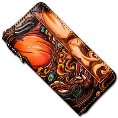 Handmade Leather Tooled Chinese Lion Mens Chain Biker Wallet Cool Leather Wallet Long Phone Wallets for Men - imessengerbags