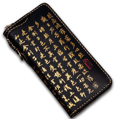 Handmade Leather Mens Chain Chinese Handwriting Biker Wallet Cool Leather Wallet Long Phone Wallets for Men