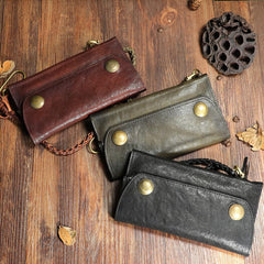 Cool Leather Mens Black Long Chain Wallet Brown Long Trifold Biker Wallet for Men - imessengerbags