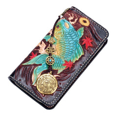 Handmade Leather Carp Mens Chain Biker Wallet Cool Leather Wallet Long Phone Wallets for Men - imessengerbags