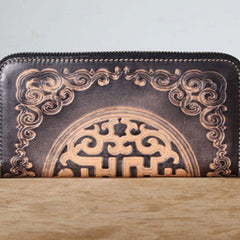 Handmade Genuine Leather Mens Cool Tooled Long Leather Wallet Bifold Clutch Wallet for Men - imessengerbags