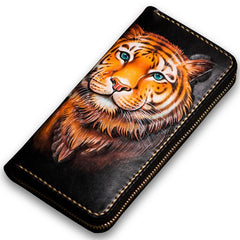Handmade Leather Men Tooled Tiger Cool Leather Wallet Long Phone Clutch Wallets for Men - imessengerbags