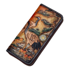 Handmade Leather Mens Clutch Wallet Cool Red-Crowned Crane Tooled Wallet Long Zipper Wallets for Men - imessengerbags