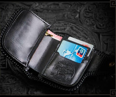 Handmade Leather Small Tooled Mens billfold Wallet Cool Chain Wallet Biker Wallet for Men