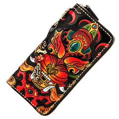 Handmade Leather Tooled Chinese Monster Mens Chain Biker Wallet Cool Leather Wallet Zipper Long Phone Wallets for Men