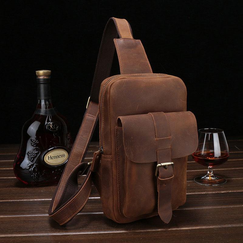 Vintage Leather Mens Sling Shoulder Bag Sling Bag Chest Bag Sling Backpack for men - imessengerbags