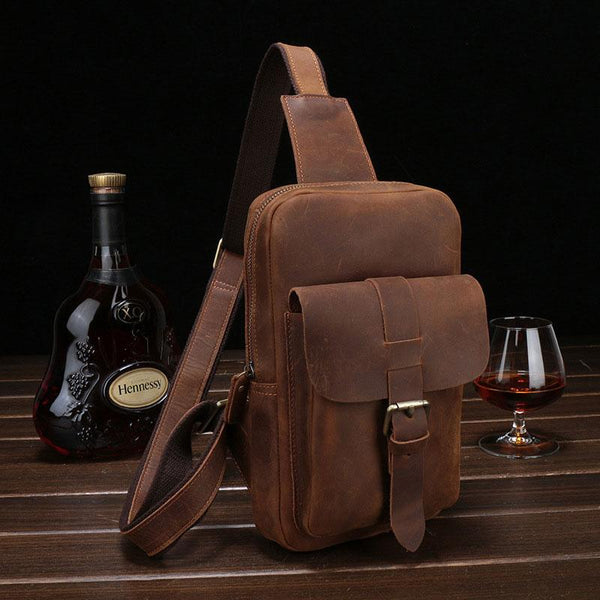 Vintage Leather Mens Sling Shoulder Bag Sling Bag Chest Bag Sling Backpack for men - imessengerbags