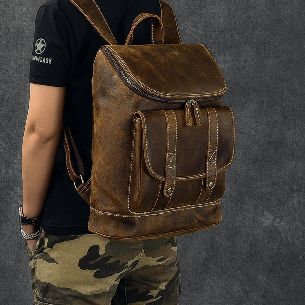 Cool Leather Mens 15" Retro Brown Hiking Backpack Travel Backpack Computer Backpack for Men - imessengerbags