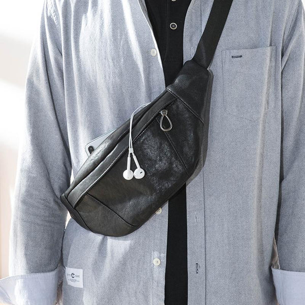Fashion Black Leather Mens Chest Bag Sling Bag Black One Shoulder Backpack for Men - imessengerbags