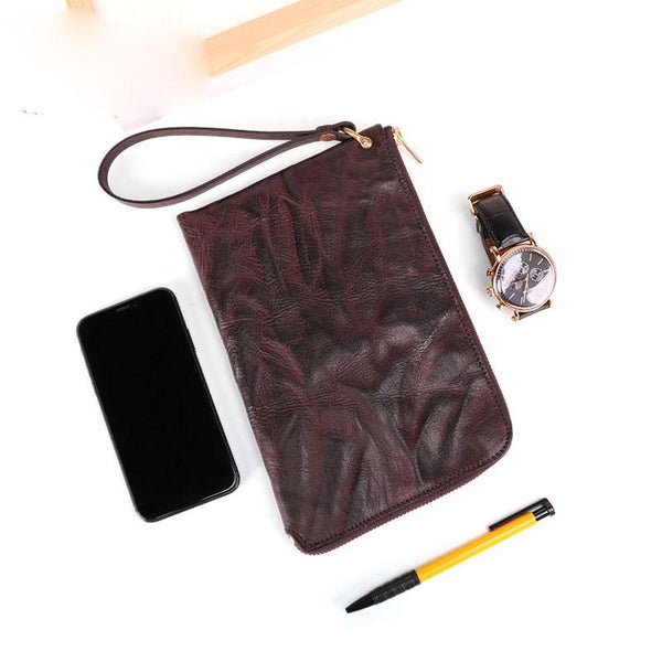 Brown MENS LEATHER SLIM ZIPPER CLUTCH WRISTLET PURSE CLUTCH BAGs FOR M