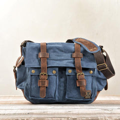 Cool Canvas Leather Mens Waterproof Black Side Bag Courier Bag Blue Messenger Bag for Men