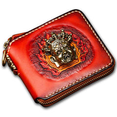 Handmade Mahākāla Leather Brown Biker Wallet Mens Cool Short Chain Wallet Trucker Wallet with Chain - imessengerbags