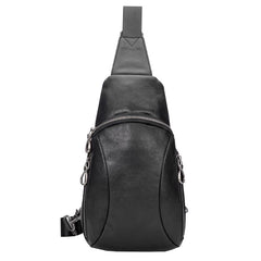 Cool Mens Black Leather Sling Bag Chest Bag Soft Black One Shoulder Backpack Sling Backpack for men