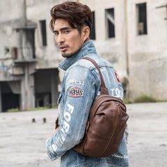 Handmade Brown Leather Mens Sling Bag Sling Pack Chest Bag Black One Shoulder Backpack for Men - imessengerbags