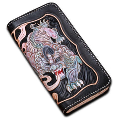 Handmade Leather Mens Clutch Wallet Cool Pixiu Tooled Wallet Long Zipper Wallets for Men - imessengerbags