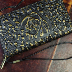 Handmade Leather Mens Tooled Skull Death Cool Zipper Phone Travel Long Wallet Card Holder Card Slim Clutch Wallets for Men - imessengerbags