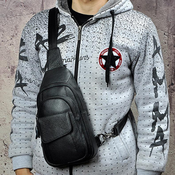 Fashion Black Leather Men's Sling Bag Chest Bag Brown One Shoulder Backpack For Men - imessengerbags