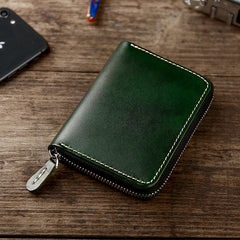 Handmade Cool Mens Leather Zipper Red Small Wallet Green Bifold billfold Wallet for Men