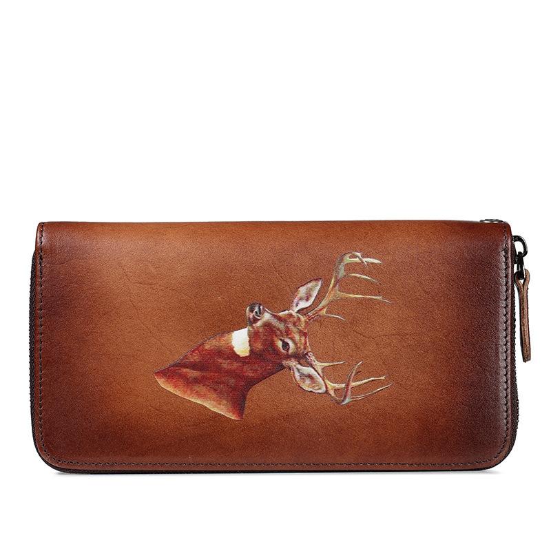 Brown Vintage Deer Wallet Leather Mens Womens Gray Long Wallet Zipper Clutch Wallet For Men