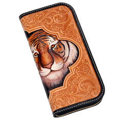 Handmade Leather Mens Clutch Wallet Cool Floral Tiger Tooled Wallet Long Zipper Wallets for Men - imessengerbags