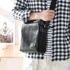 Cool Black Leather Mens 10 inches Vertical Messenger Bags Side Bag Courier Bag for Men