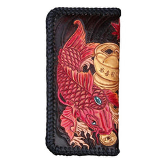 Handmade Leather Mens Clutch Wallet Tooled Cool Carp Wallet Long Zipper Wallets for Men - imessengerbags