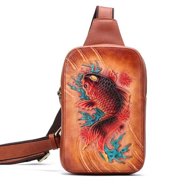 Handmade Leather Tooled Mens Cool Chest Bag Sling Bag Crossbody Bag Travel Bag Hiking Bag for men - imessengerbags