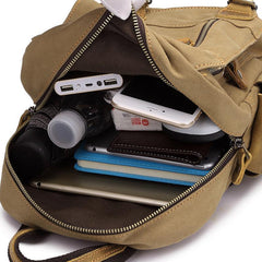 Canvas Leather Mens Mini Sling Bag Khaki Backpack One Shoulder Bag Green Chest Bag for Men - imessengerbags
