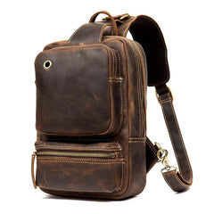 Casual Brown Mens Leather Large Sling Bag One Shoulder Pack Chest Bag Sling Backpack for men - imessengerbags