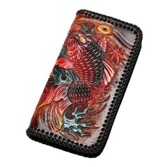 Handmade Leather Mens Clutch Wallet Cool Carp Tooled Wallet Long Zipper Wallets for Men - imessengerbags