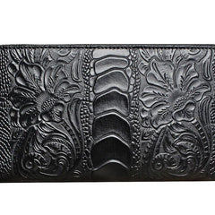 Handmade Leather Mens Tooled Floral Cool Zipper Phone Travel Long Wallet Card Holder Card Slim Clutch Wallets for Men - imessengerbags