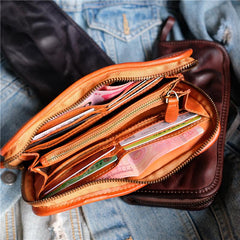 Vintage Brown Leather Men's Long Wallet Black Clutch Wallet Zipper Long Wallet For Men - imessengerbags