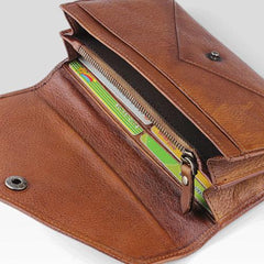Handmade Leather Mens Cool Long Leather Wallet Bifold Envelope Clutch Wallet for Men