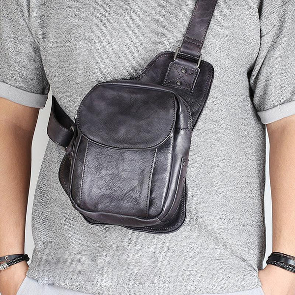 Brown MENS Vintage LEATHER Sling Bag Chest Bag Gray One Shoulder Backpack For Men - imessengerbags