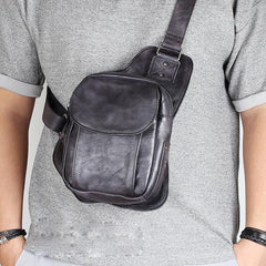 Brown MENS Vintage LEATHER Sling Bag Chest Bag Gray One Shoulder Backpack For Men - imessengerbags