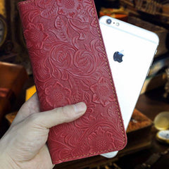 Handmade Leather Floral Mens Cool Travel Long Wallet Card Holder Card Slim Clutch Wallets for Men - imessengerbags