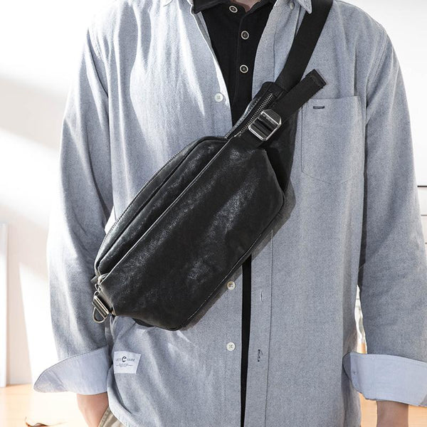 Black Casual Leather Mens 8inches Sling Bag Chest Bag Black One Shoulder Backpack for Men - imessengerbags