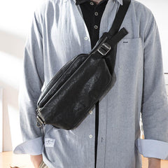 Black Casual Leather Mens 8inches Sling Bag Chest Bag Black One Shoulder Backpack for Men - imessengerbags