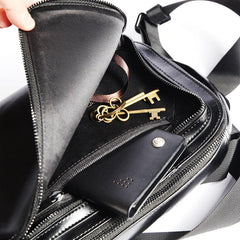 Cool Leather Men's Black Sling Bag One Shoulder Backpack Chest Bag For Men