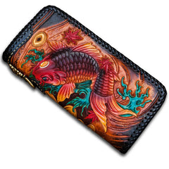 Handmade Leather Tooled Carp Mens Chain Biker Wallet Cool Leather Wallet Long Phone Wallets for Men